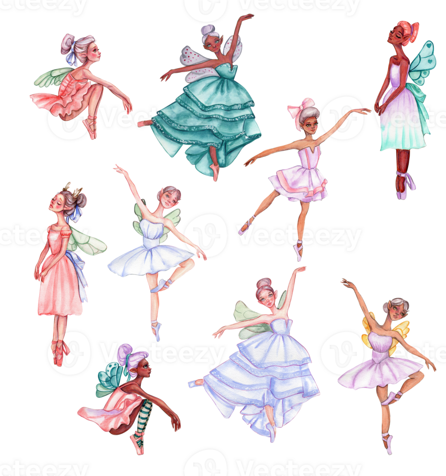 Set of cartoon fairy in pink,lavender and blue dress with magic wings. png