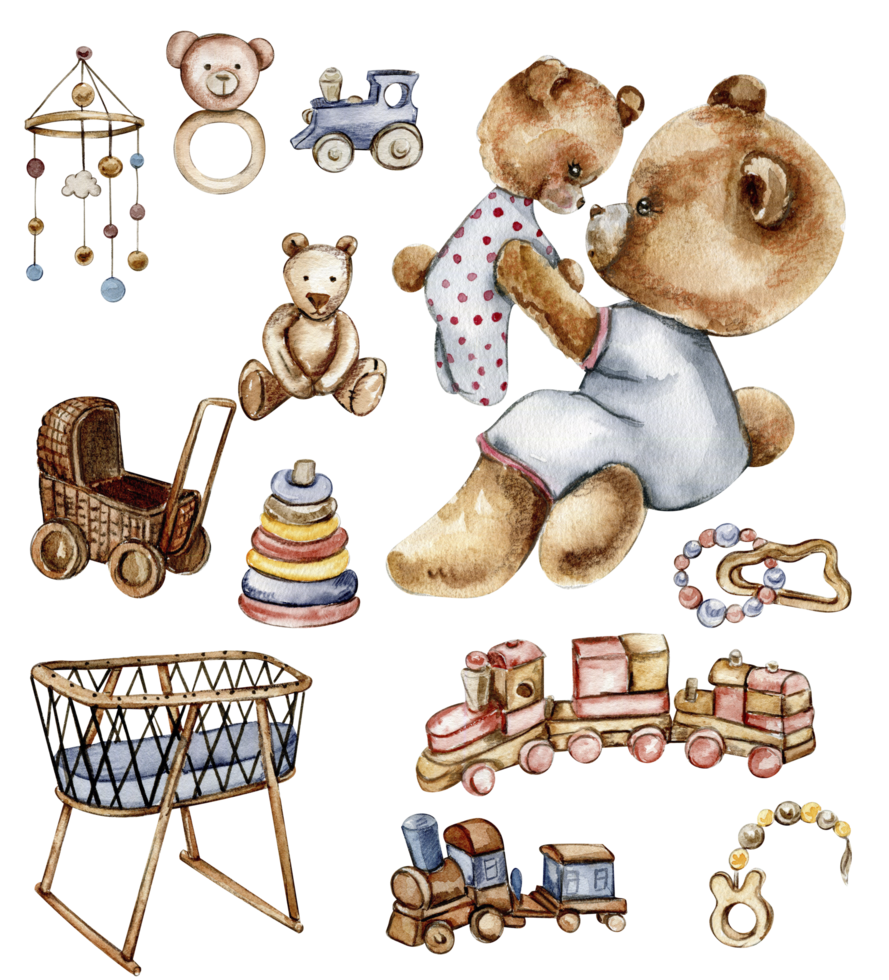 Set of watercolor baby toys and teddy bear. Wood kids toys watercolor hand drawn. Educational wooden blocks and objects for toddlers png