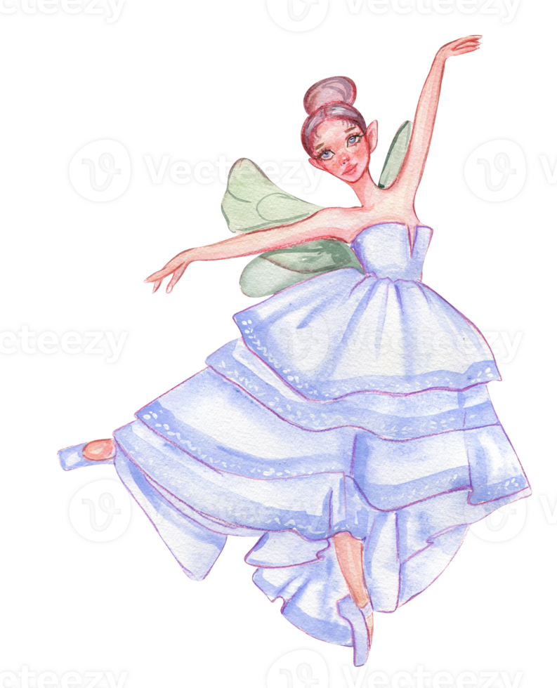 Cartoon fairy in blue dress with magic wings. png