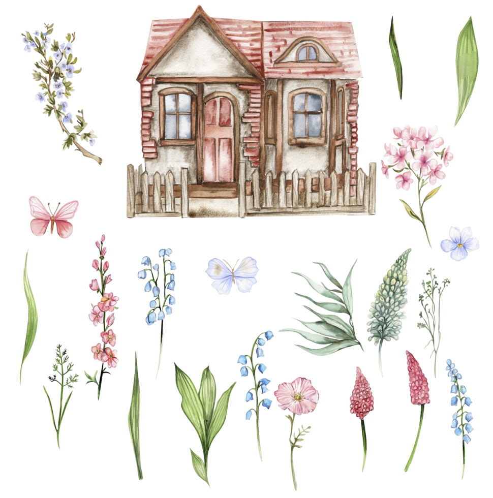 Wildflowers set and country house. png