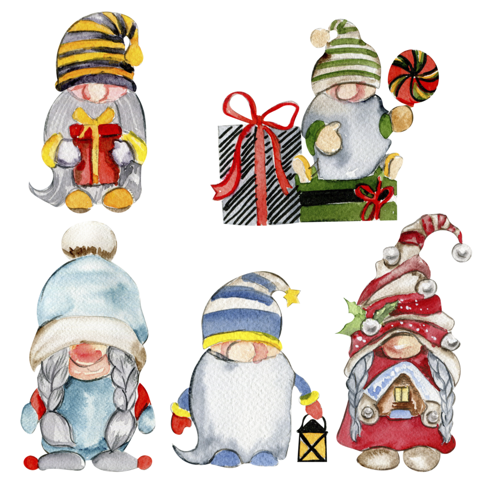 Watercolor scandinavian Christmas gnomes. Christmas decoration and characters. Watercolor elements. png