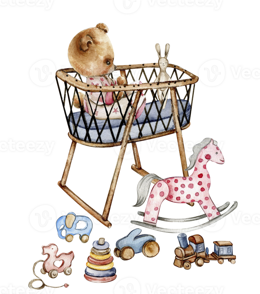 Composition of watercolor baby toys and teddy bear. png