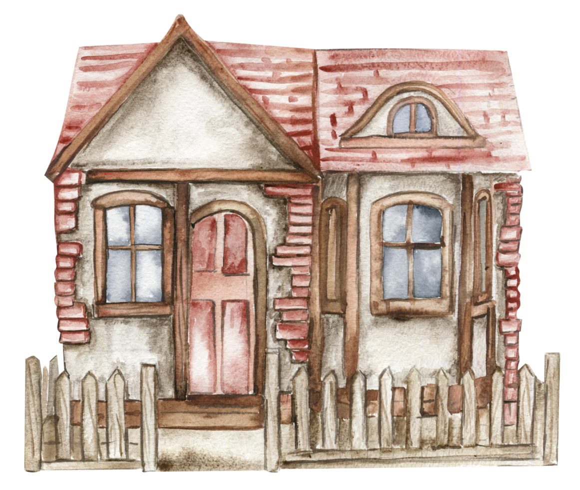 Watercolor illustration of an old country wooden house . png