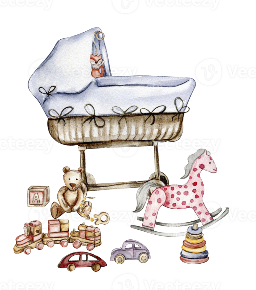 Composition of watercolor baby toys and teddy bear. png