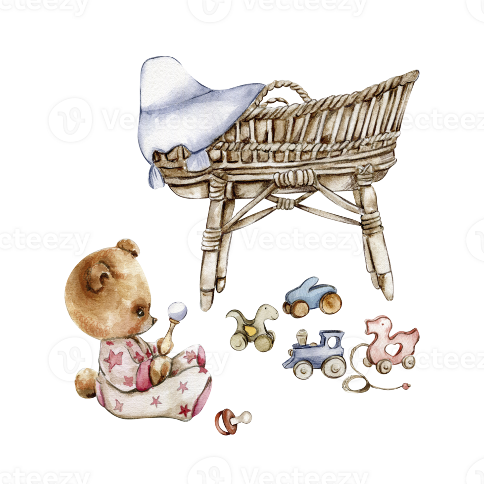 Composition of watercolor baby toys and teddy bear. png