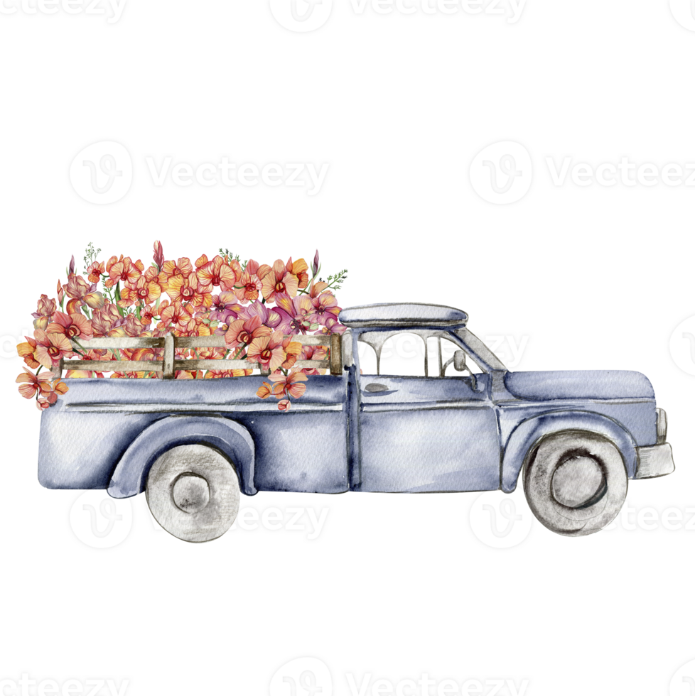 acuarela composición con flores y granja coche. png