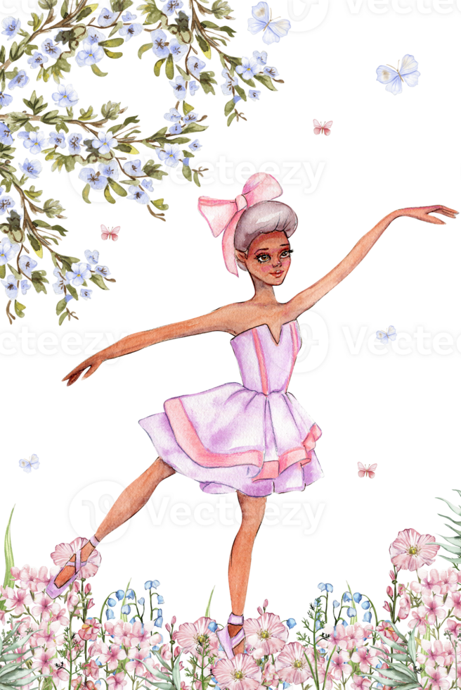 Composition with cartoon fairy with magic wings, flowers and butterflies. png