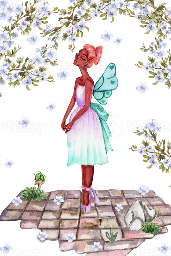 Composition with cartoon fairy with magic wings, flowers and butterflies. png