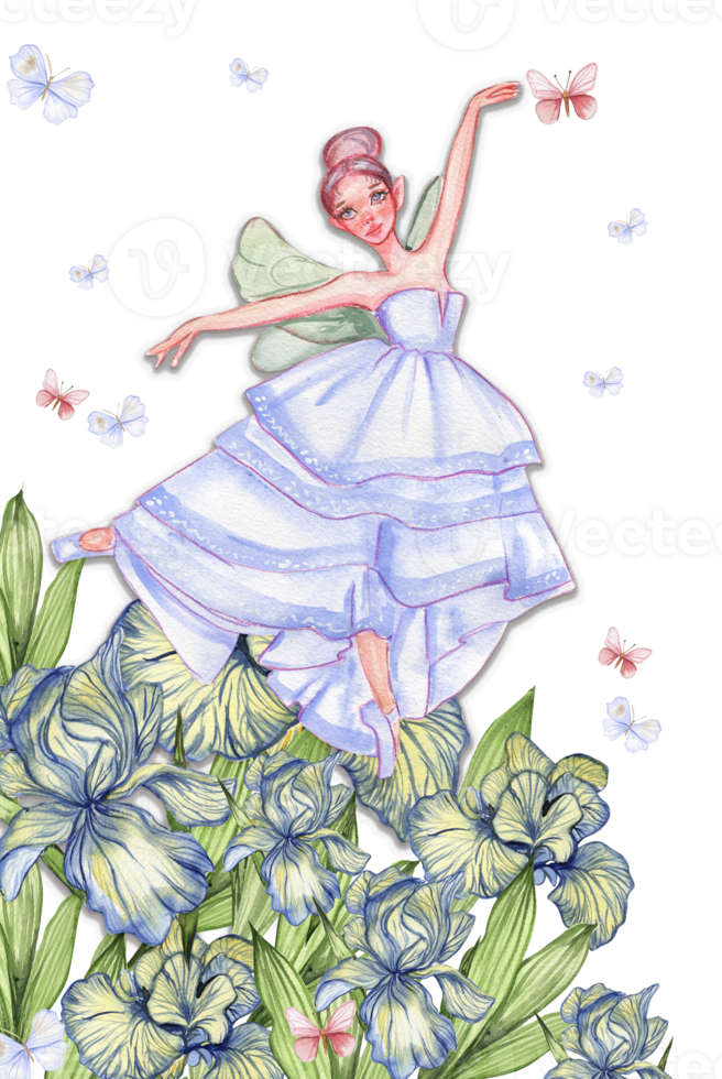 Composition with cartoon fairy with magic wings, flowers and butterflies. png