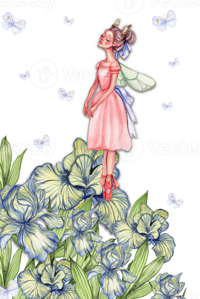 Composition with cartoon fairy with magic wings, flowers and butterflies. png