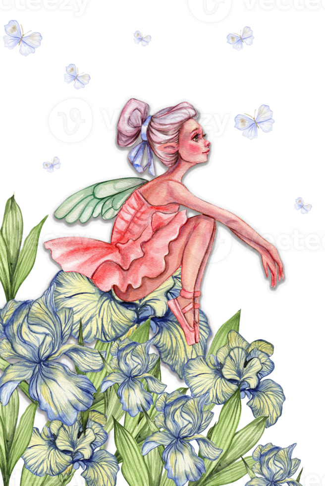 Composition with cartoon fairy with magic wings, flowers and butterflies. png