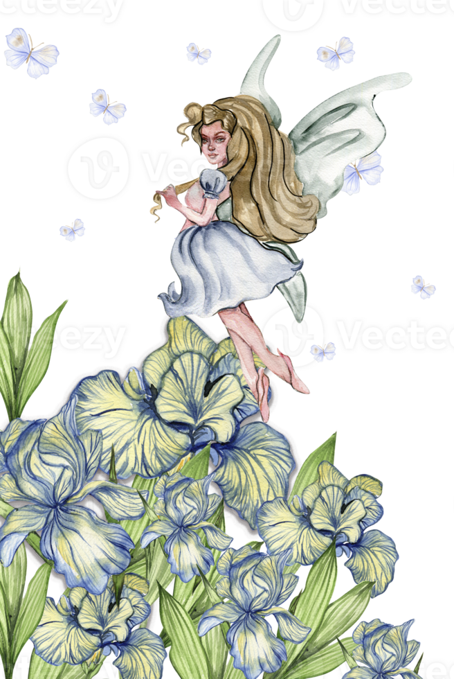 Watercolor square spring garden full of flowers composition in cartoon style with a flower fairy. png
