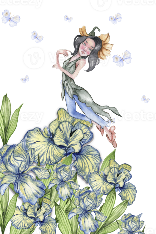 Watercolor square spring garden full of flowers composition in cartoon style with a flower fairy. png