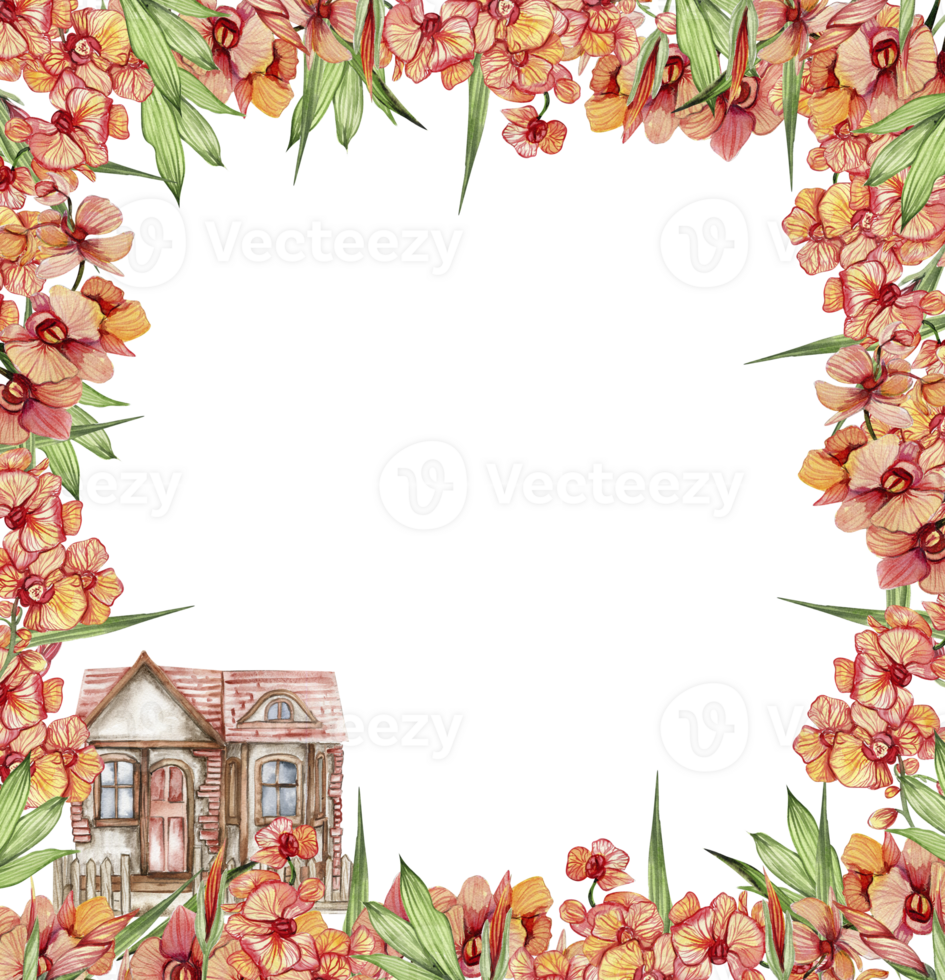 Watercolor hand drawn spring garden full of flowers square frame. Watercolor illustration for scrapbooking. png