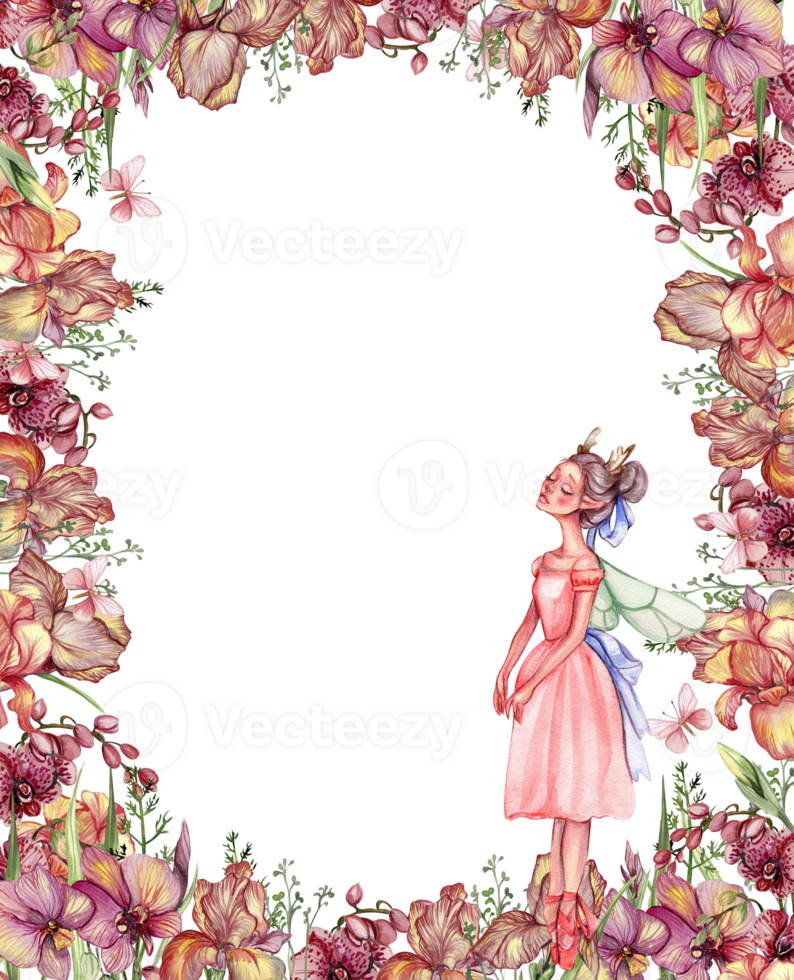 Watercolor square spring garden full of flowers frame in cartoon style with a flower fairy. png