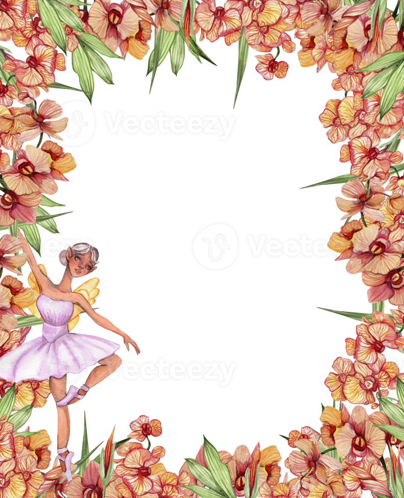 Watercolor square spring garden full of flowers frame in cartoon style with a flower fairy. png