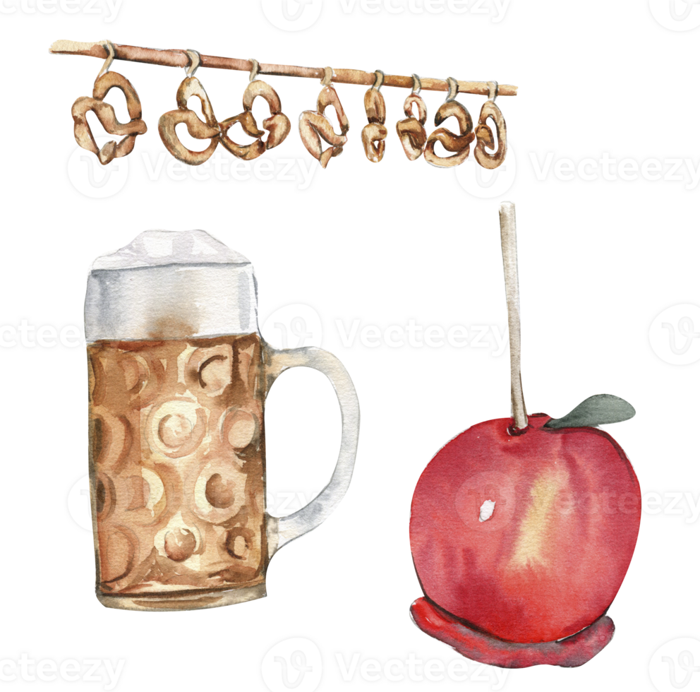 Watercolor illustration of an apple,beer and bagels. Bavarian traditional pretzel. png