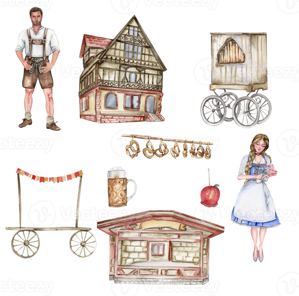 Set of an old wooden half-timbered country house, Bavarian traditional pretzel, trade fair shop, hurdy-gurdy. png