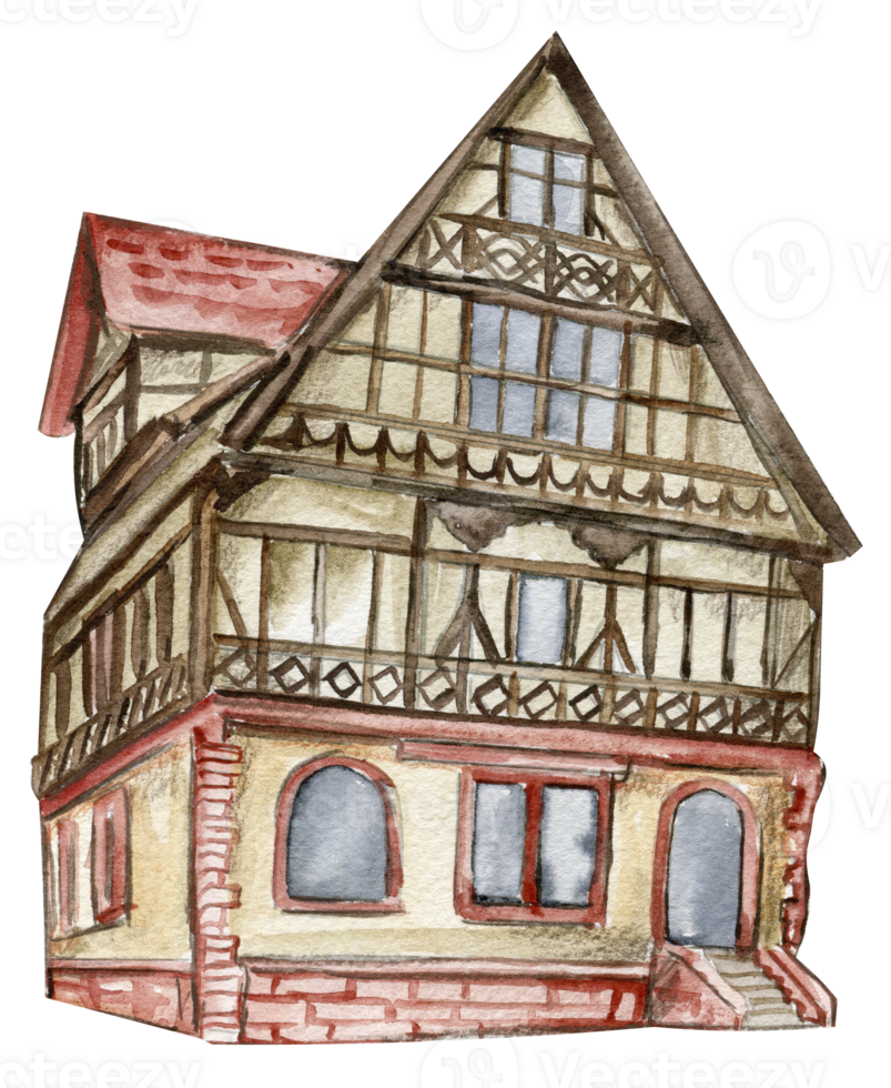 Watercolor illustration of an old wooden half-timbered country house . png