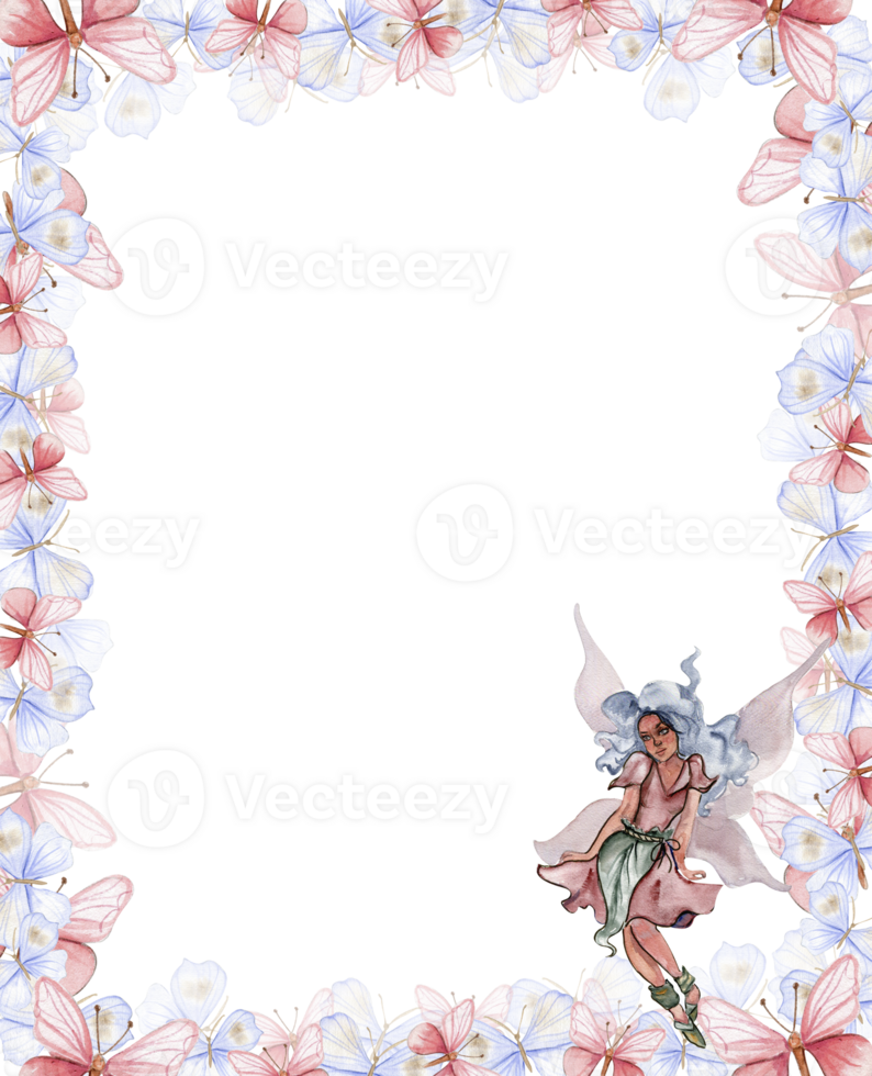 Watercolor square spring flowers frame in cartoon style with a flower fairy. png