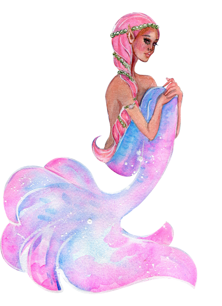 Watercolor mermaid girl with long hair. png