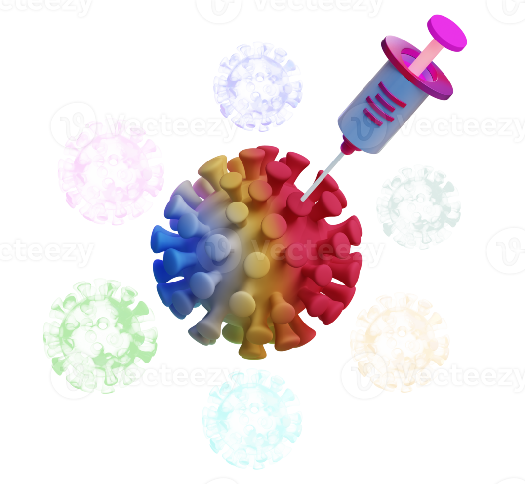 coronavirus virus met een injectie spuit. vaccinatie creatief concept. 3d png