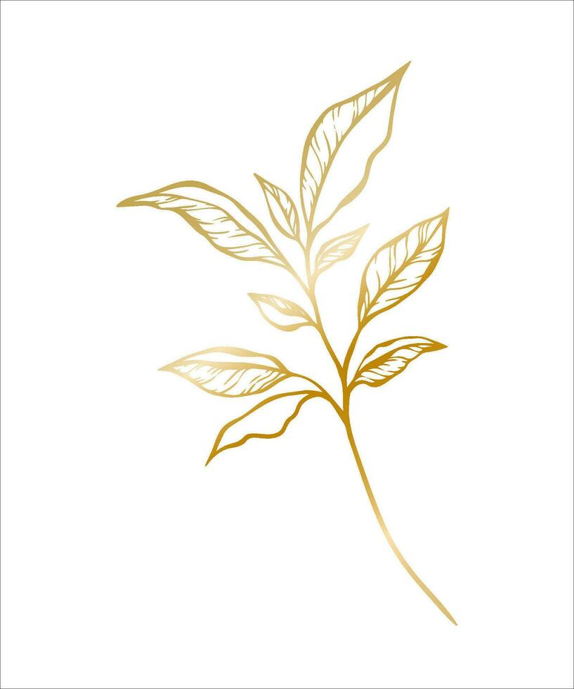Botanical golden illustration of a leaves branch for wedding invitation and cards, logo design, web, social media and posters template. Elegant minimal style floral vector isolated.