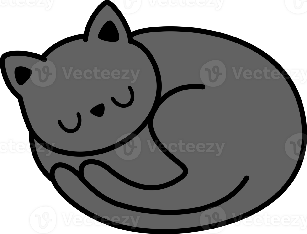 black cat curled up sleeping flat style doodle cartoon element png