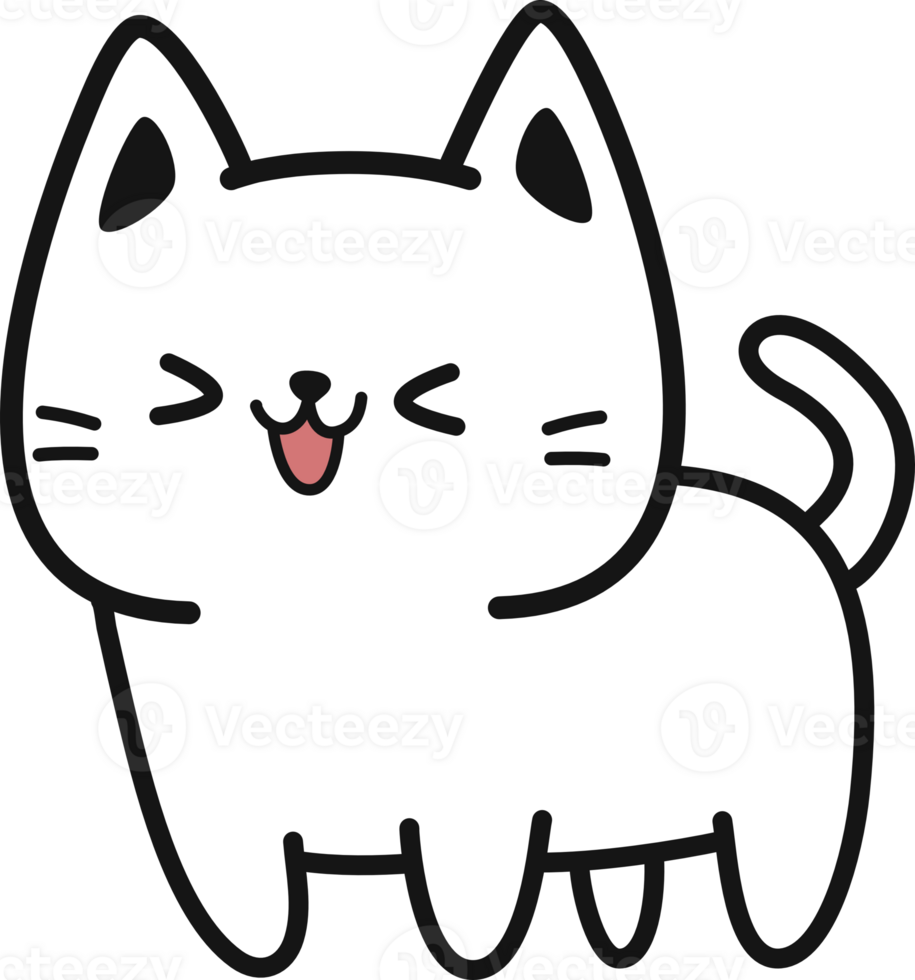 Cute smiling white cat flat style doodle cartoon png