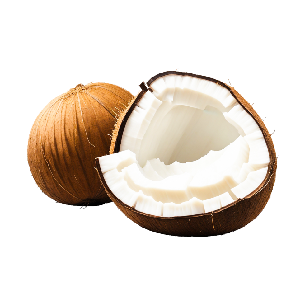 Fresh ripe coconut half cut pieces on transparent background generative ai png