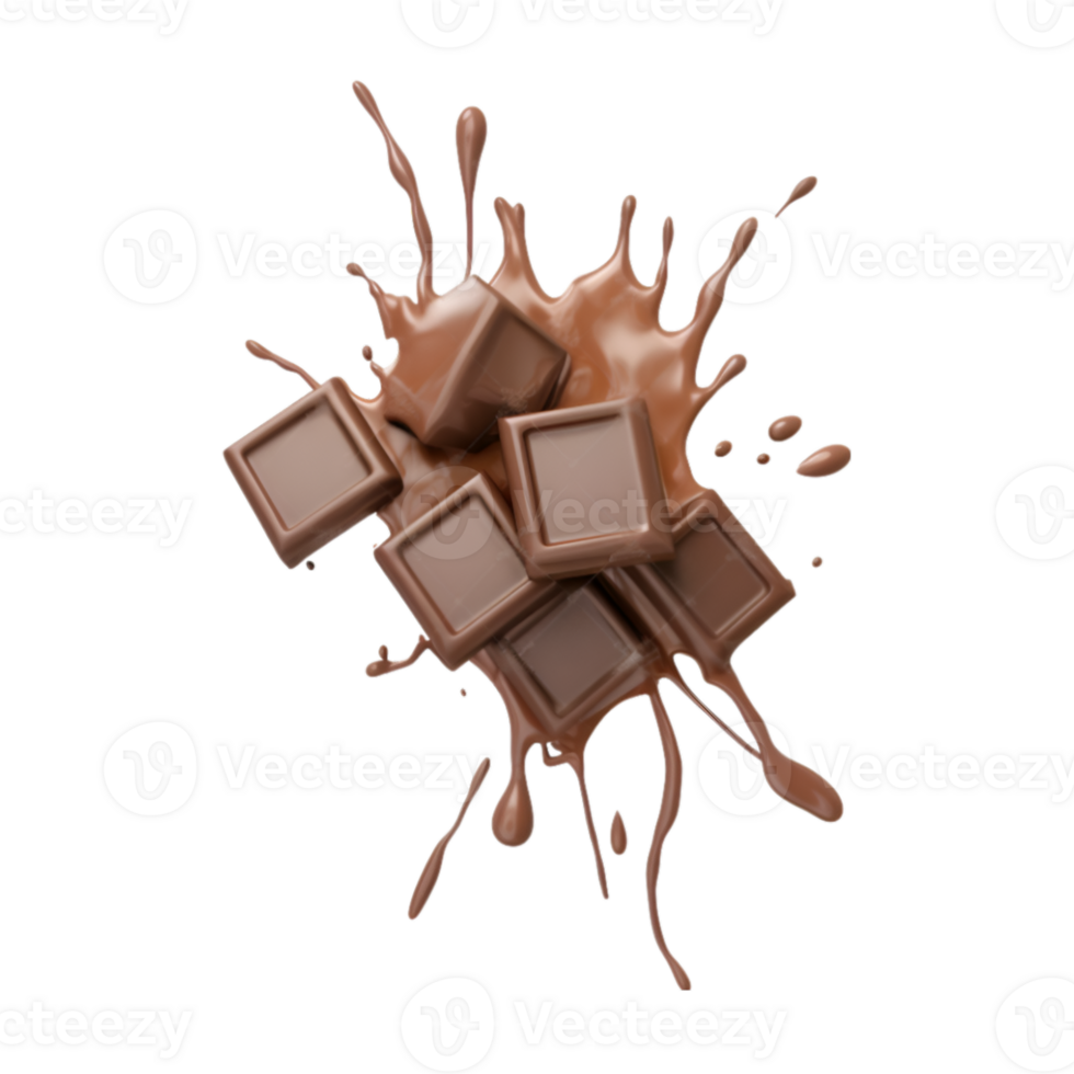 chocolate pieces falling on chocolate sauce with isolated on a transparent background png