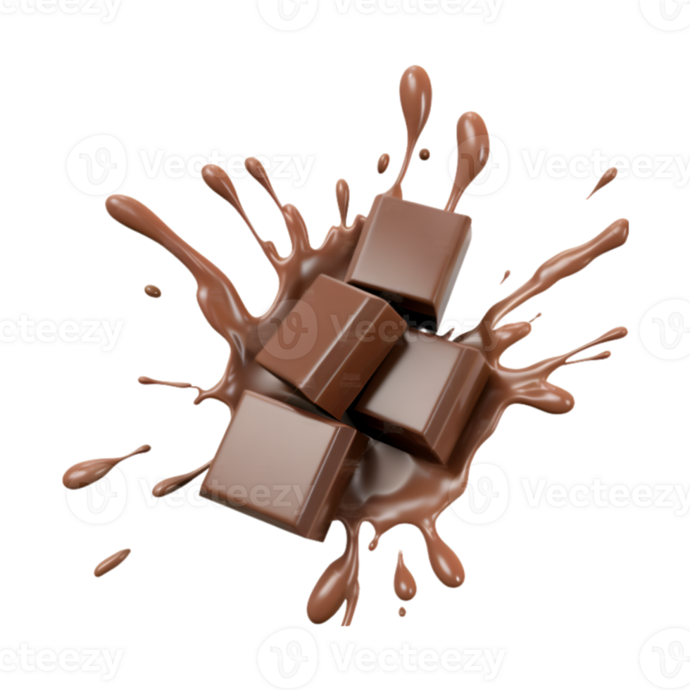 chocolate pieces falling on chocolate sauce with isolated on a transparent background png