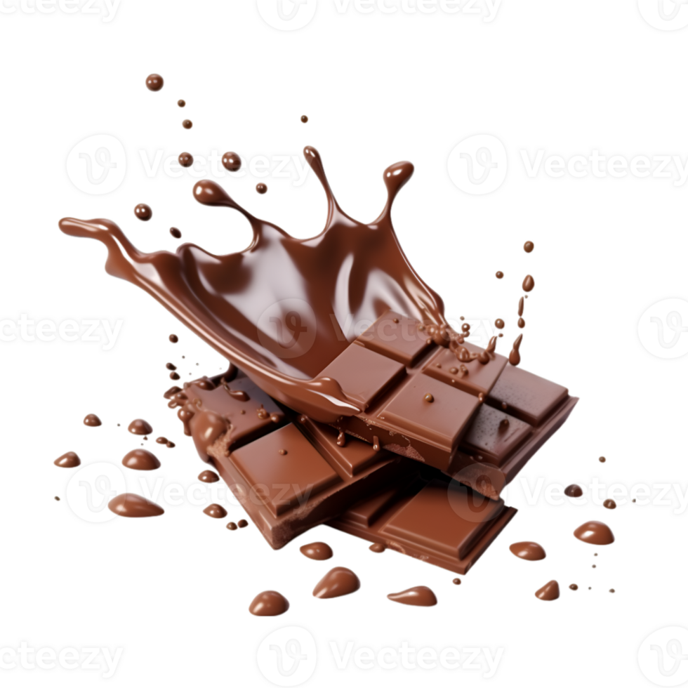 chocolate pieces falling on chocolate sauce with isolated on a transparent background png