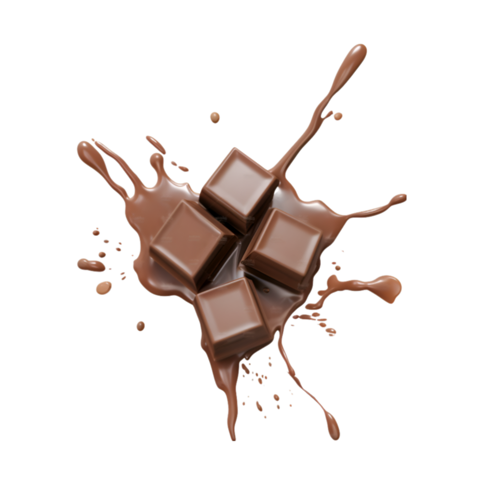 chocolate pieces falling on chocolate sauce with isolated on a transparent background png