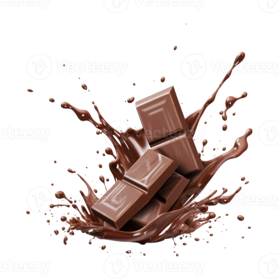 chocolate pieces falling on chocolate sauce with isolated on a transparent background png