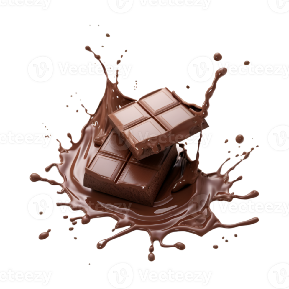 chocolate pieces falling on chocolate sauce with isolated on a transparent background png