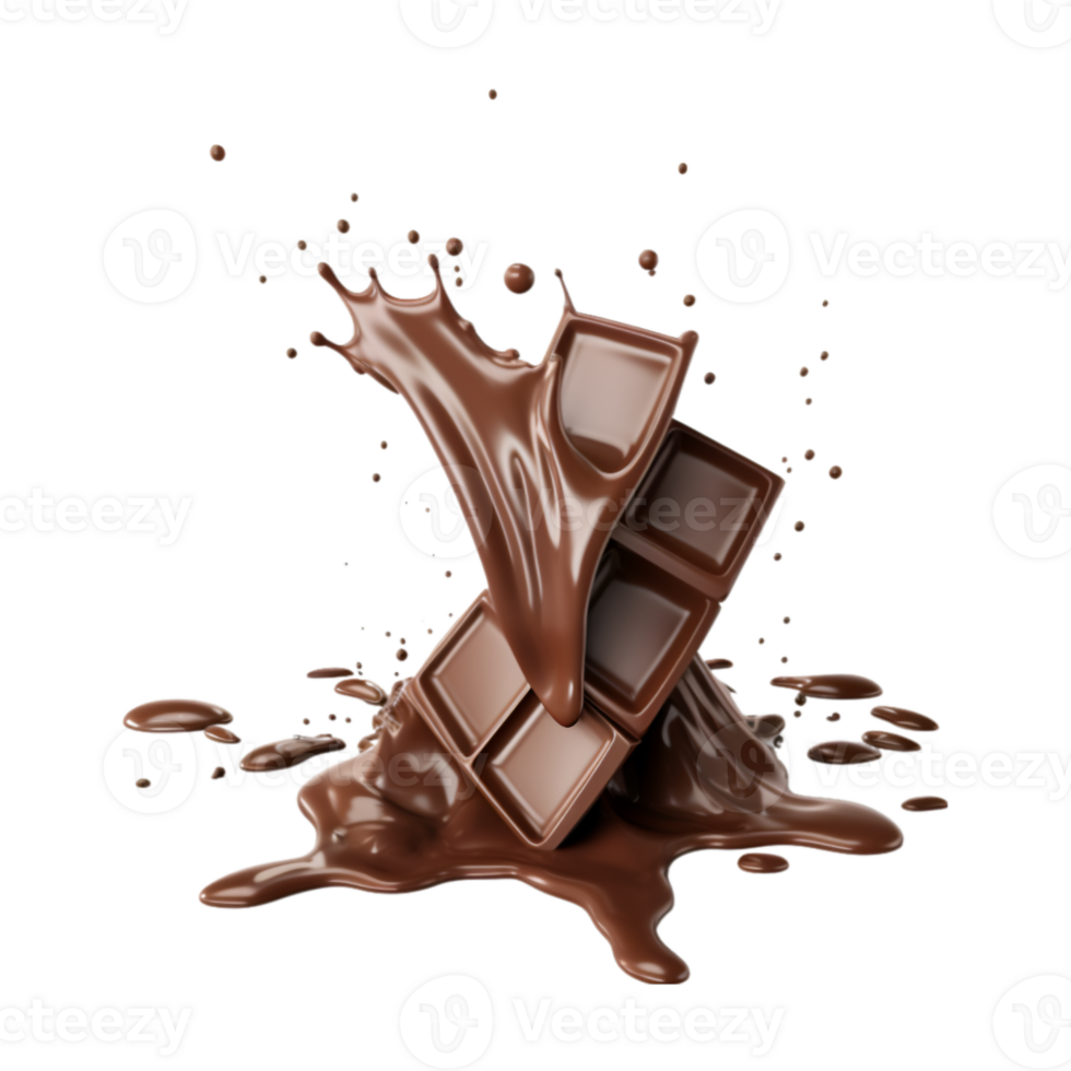 chocolate pieces falling on chocolate sauce with isolated on a transparent background png