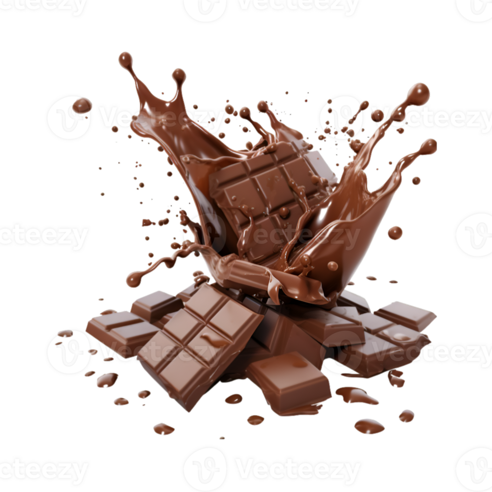 chocolate pieces falling on chocolate sauce with isolated on a transparent background png