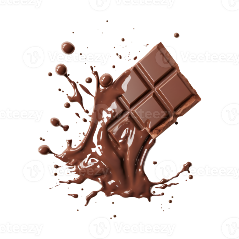 chocolate pieces falling on chocolate sauce with isolated on a transparent background png