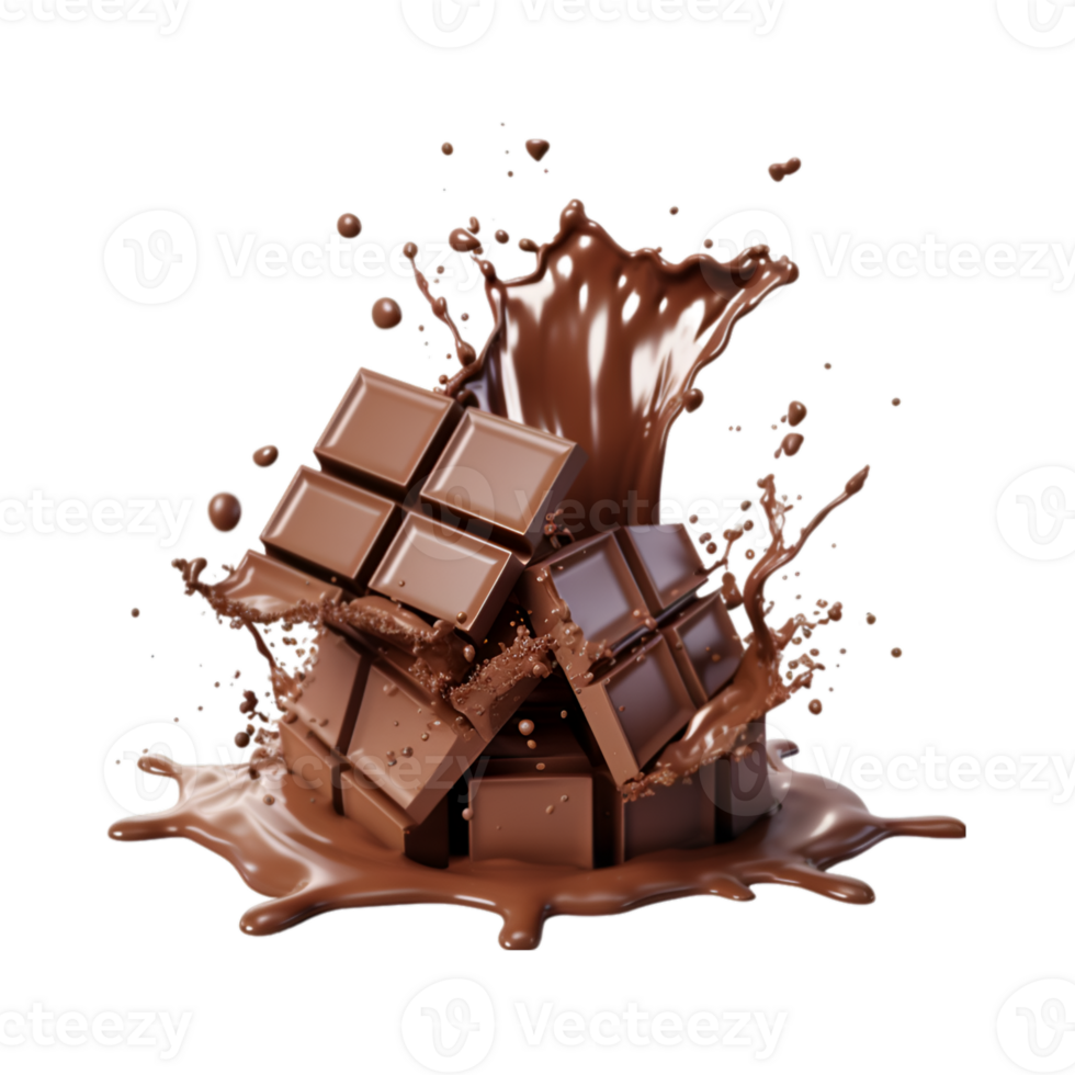 chocolate pieces falling on chocolate sauce with isolated on a transparent background png