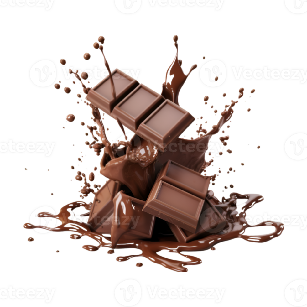 chocolate pieces falling on chocolate sauce with isolated on a transparent background png