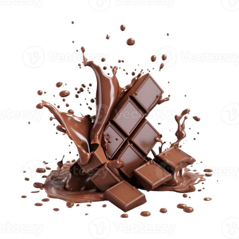 chocolate pieces falling on chocolate sauce with isolated on a transparent background png