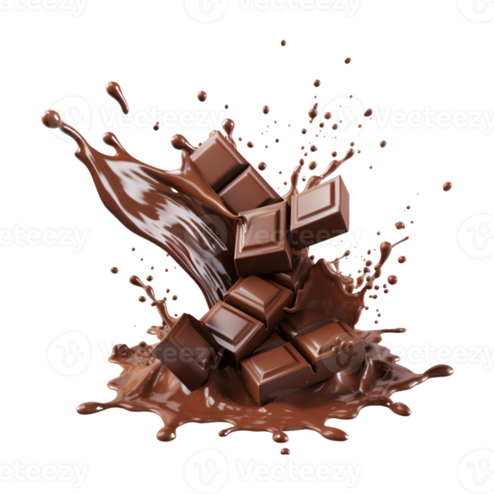 chocolate pieces falling on chocolate sauce with isolated on a transparent background png