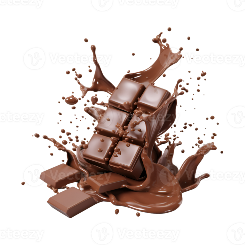 chocolate pieces falling on chocolate sauce with isolated on a transparent background png