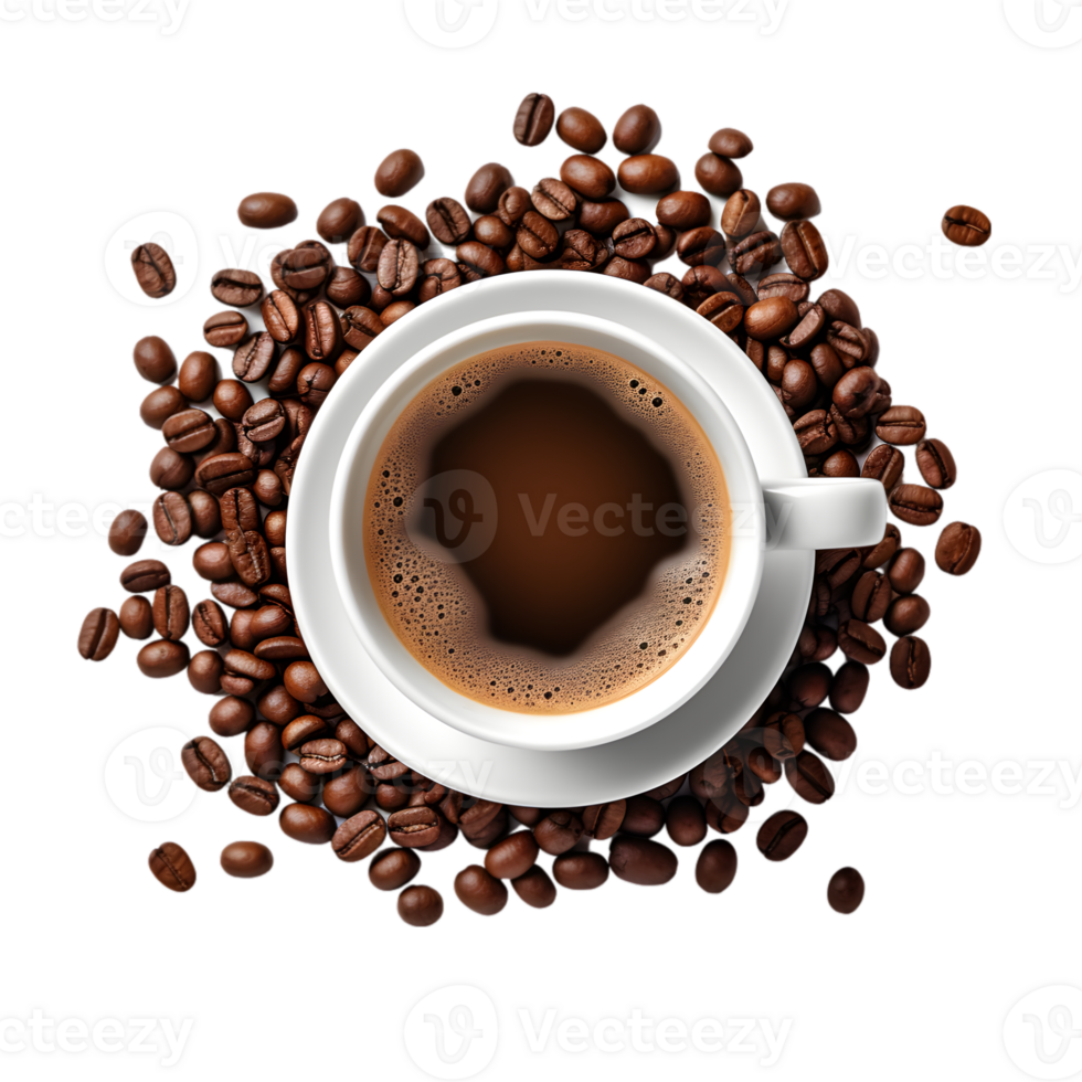 Tasse von schwarz Kaffee mit Kaffee Bohnen, oben Aussicht isoliert auf ein transparent Hintergrund png