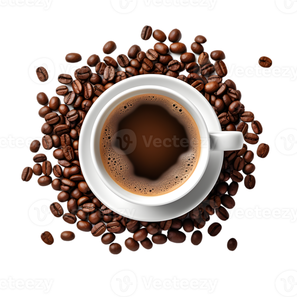 cup of black coffee with coffee beans, top view isolated on a transparent background png