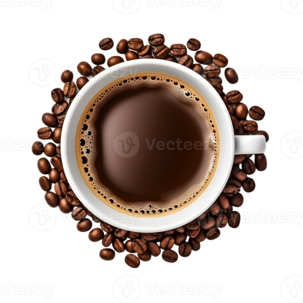 cup of black coffee with coffee beans, top view isolated on a transparent background png