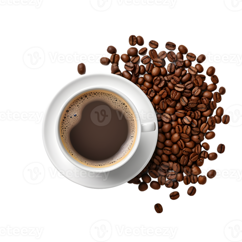 cup of black coffee with coffee beans, top view isolated on a transparent background png