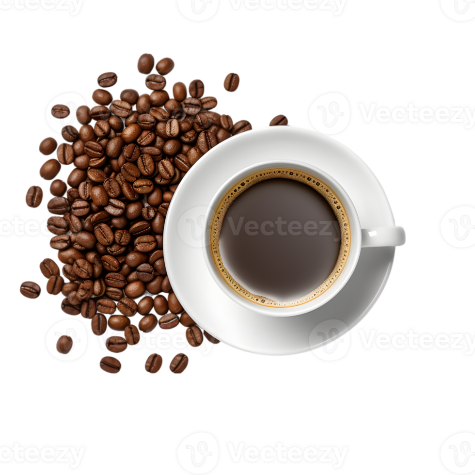 cup of black coffee with coffee beans, top view isolated on a transparent background png