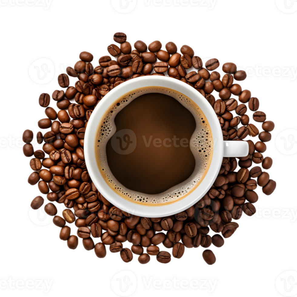 cup of black coffee with coffee beans, top view isolated on a transparent background png